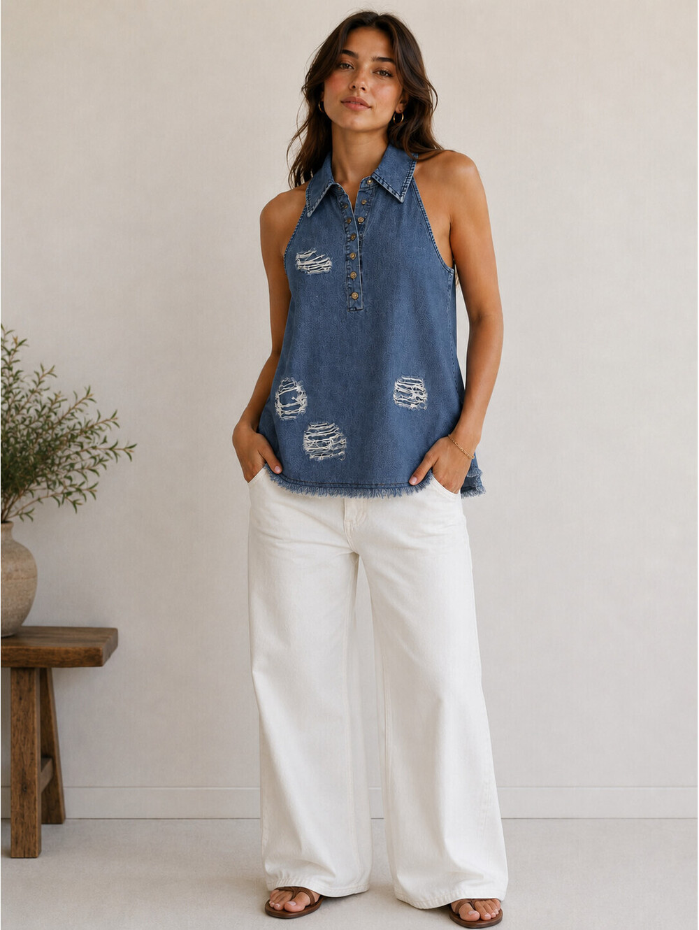 Mazik Tunic Top Women's M Collar Racerback Frayed Hem/patches NWT